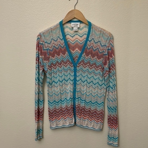 ⭐️Oscar de la Renta Vintage Chevron Pink & Blue Cardigan—GORGEOUS-Y2K-Like New— - Picture 1 of 9
